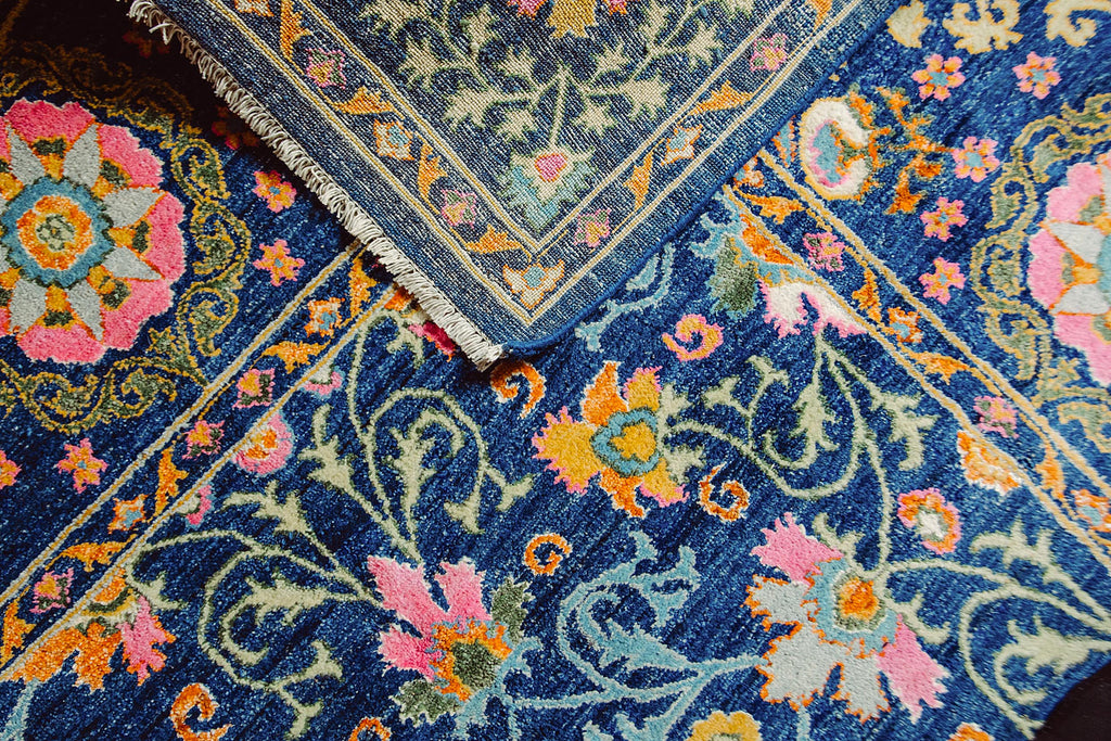 Hand-Knotted Pakistani Wool Rug in Navy Blue