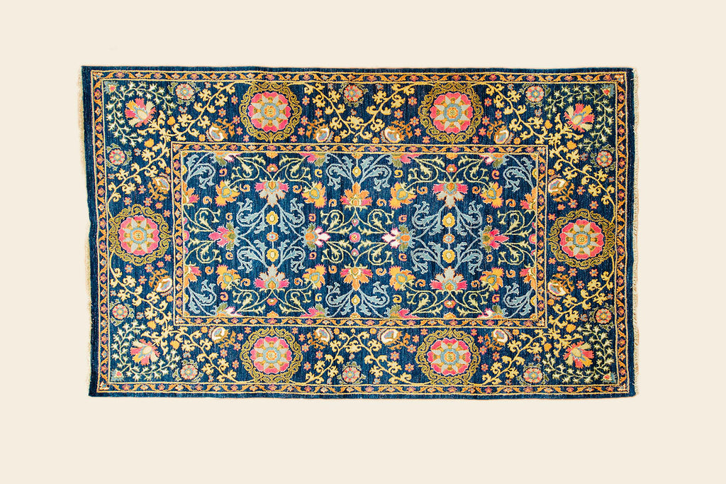 Hand-Knotted Pakistani Wool Rug in Navy Blue